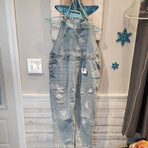 NWT ZARA Basics Women's Sz L Denim Distressed Overalls w/necktie